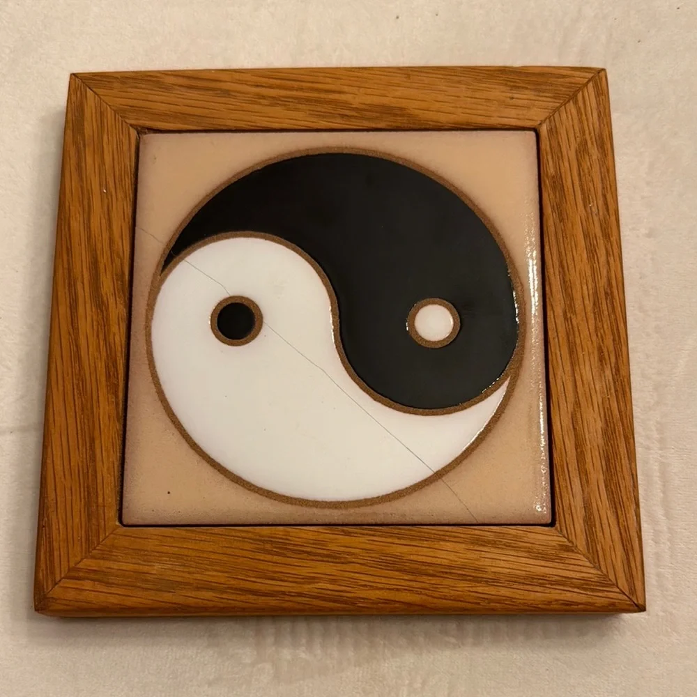 Vintage Arius Tile Co. 4in Yin Yang Ceramic Tile with Wooden Frame
